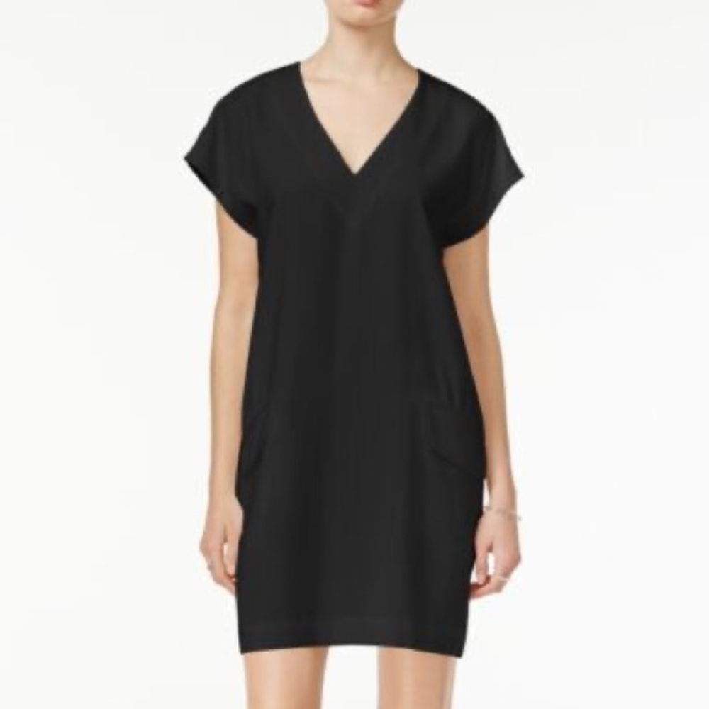 Vince Rolled Sleeve Black V Neck Shift Dress Medium